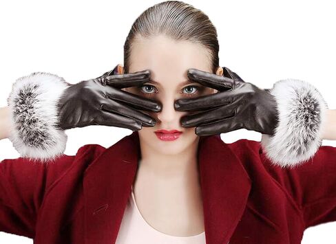 قفازات نسائية شتوية من الجلد الصناعي تعمل باللمس من Lovful مع أطراف أكمام من الفرو in Kuwait