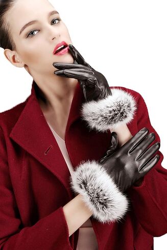 قفازات نسائية شتوية من الجلد الصناعي تعمل باللمس من Lovful مع أطراف أكمام من الفرو in Kuwait