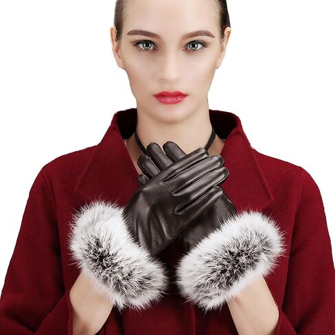 قفازات نسائية شتوية من الجلد الصناعي تعمل باللمس من Lovful مع أطراف أكمام من الفرو in Kuwait