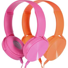 Kids Headphones 2 Pack for School Classroom K-12, Durable Wired Student Computer Online Learning Headset for Laptop Library Airplane and Travel (Pink+Orange)