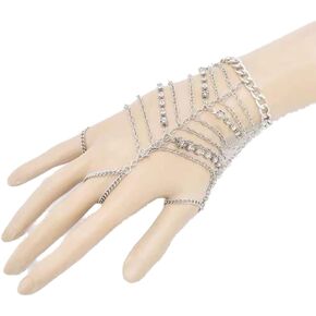 Ymqewq Kenfery Vintage Bridal Crystal Slave Bracelet Multi-layered Rhinestone Slave Bracelet Shiny Tennis Chain Bracelet Finger Ring Beach Wedding Luxury Hand Jewelry Accessories for Women