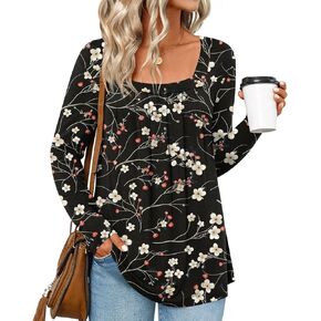 LONGYUAN Women's Long Sleeve Shirts Casual Tunic Tops 2024 Winter Fashion Square Neck Basic Loose Blouses