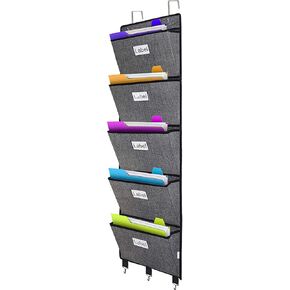 homyfort Over the Door File Organizer, Hanging Wall File Folders Organizer with 5 Large Pocket for Papers, Charts, Mails, Magazine, Office and Back To Supplies Storage and Organization (Black) in Saudi Arabia
