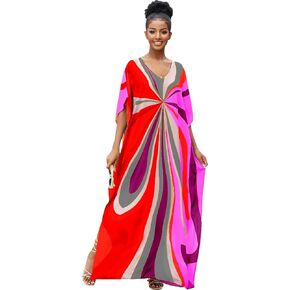 RanRui Floral Print Kaftan Dresses for Women Ethnic Boho Print swim cover up Batwing Sleeve Vneck Caftans