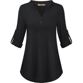 Miusey Womens Buffalo Plaid Roll Sleeve V Neck Flowy Loose Tunic Blouse in Kuwait