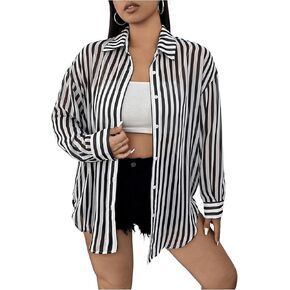 MakeMeChic Women's Plus Size Chiffon Button Down Blouse Long Sleeve High Low Button Up Shirt