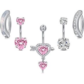 JFORYOU Pink Belly Button Rings for Women 14G Heart Dangle Belly Rings Surgical Steel CZ Navel Rings Reverse Dangling Belly Button Piercing
