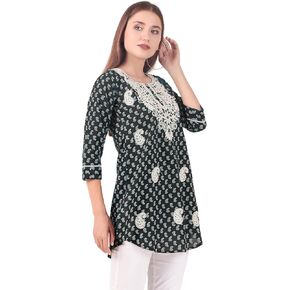 ladyline Lakhnavi Embroidered Cotton Printed Womens Tunic Top Elegant Short Kurti Hip Length