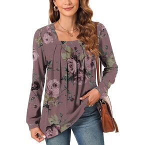 Anyally Womens Plus Size Long Sleeve Tunic Tops Pleated Square Neck Casual Loose Fit Blouse Shirt for Leggings