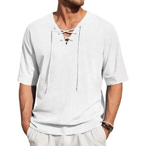 COOFANDY Men Linen Tunic Viking Meditation Shirt 3/4 Sleeve V Neck Beach T Shirts White