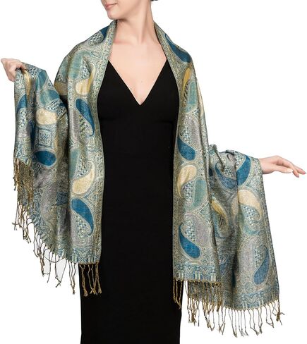 Achillea Women’s Paisley Pattern Sparkling Metallic Pashmina Shawl Wrap Scarf Stole in Kuwait