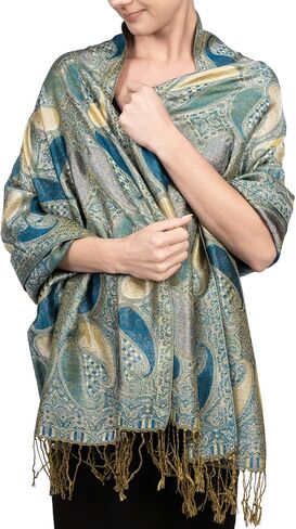 Achillea Women’s Paisley Pattern Sparkling Metallic Pashmina Shawl Wrap Scarf Stole in Kuwait