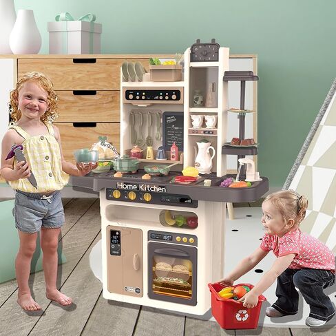 Kitchen Playset for Toddlers - Pretend Food, Real Sounds & Lights, Play Sink, Cooking Stove with Steam for Boys and Girls, Red in Saudi Arabia