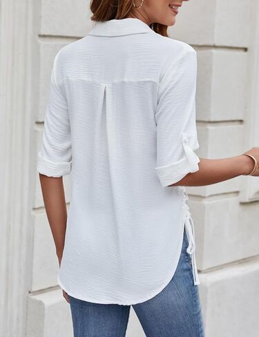 CiCiBird Women Casual Button Down Dress Shirt 3/4 Sleeve Drawstring Tops Collared Work Blouse with Pockets in Kuwait