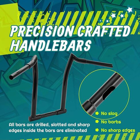 MoKitDora 10" Rise 1-1/4" Fat 1" Clamp Ape Hanger Chizeled Handlebar Z Bar for Harley Dyna Softail Sportster XL 883/1200, 1994-up Road King & 1998-2013 Road Glide, Gloss Black in Kuwait