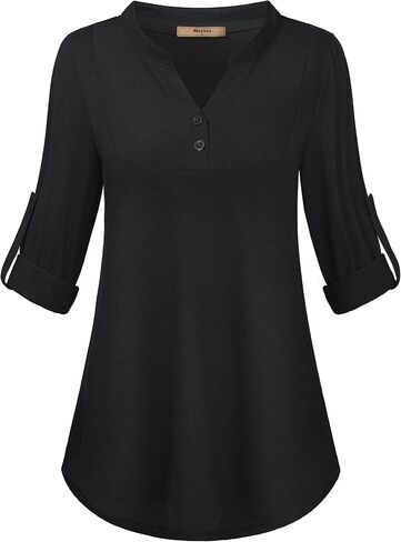 Miusey Womens Buffalo Plaid Roll Sleeve V Neck Flowy Loose Tunic Blouse in Kuwait