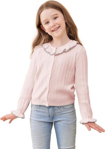 Girls Cardigan Sweet Ruffle Collar Sweater Button Long Sleeve Knit Tops for Girls Outfits in Kuwait
