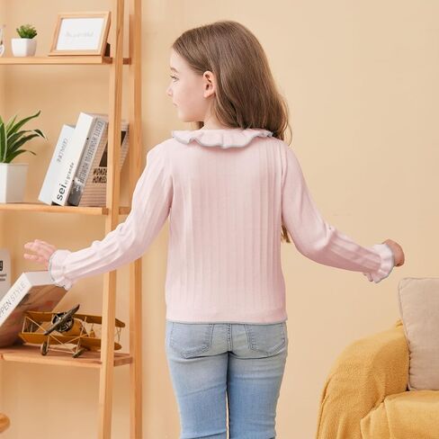 Girls Cardigan Sweet Ruffle Collar Sweater Button Long Sleeve Knit Tops for Girls Outfits in Kuwait
