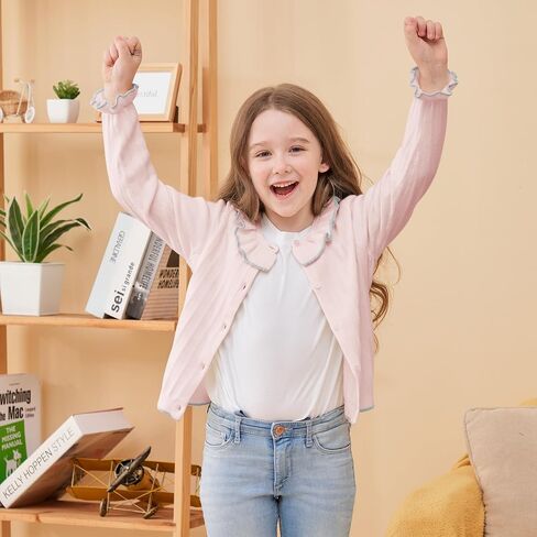 Girls Cardigan Sweet Ruffle Collar Sweater Button Long Sleeve Knit Tops for Girls Outfits in Kuwait