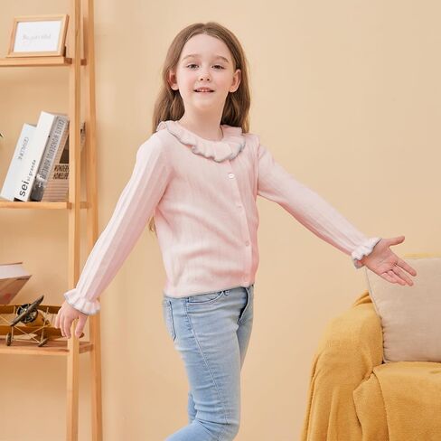 Girls Cardigan Sweet Ruffle Collar Sweater Button Long Sleeve Knit Tops for Girls Outfits in Kuwait