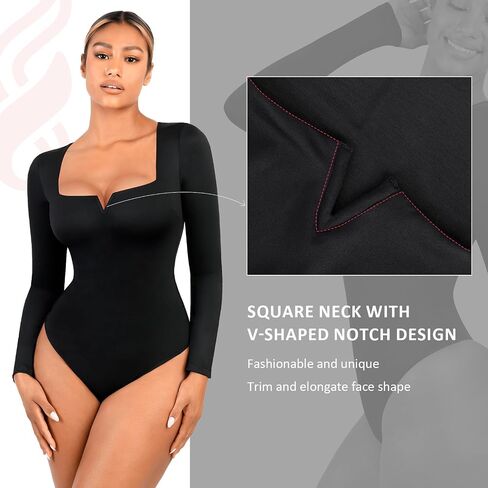 FeelinGirl Women's Square Neck Long Sleeve Thong Bodysuit Fall Tops Fashion Shirt V Neck Body Suit Daliy Basic Jumpsuit in Saudi Arabia