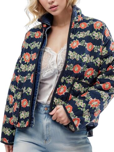 Yimoon Women's Cropped Puffer Quilted Jacket Vintage Floral Print Open Front Lightweight Short Jacket Outwear in Saudi Arabia