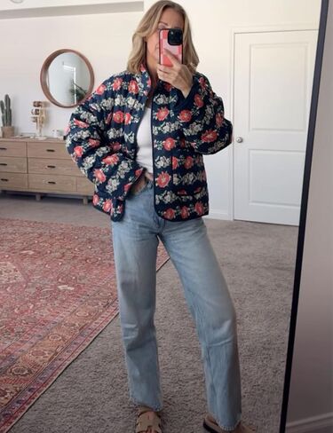 Yimoon Women's Cropped Puffer Quilted Jacket Vintage Floral Print Open Front Lightweight Short Jacket Outwear in Saudi Arabia