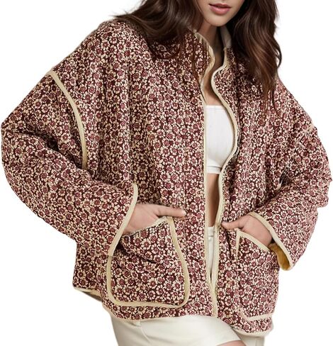 Yimoon Women's Cropped Puffer Quilted Jacket Vintage Floral Print Open Front Lightweight Short Jacket Outwear in Saudi Arabia