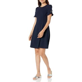 DKNY Women's Flounce Sleeve Fit and Flare with Belt Dress