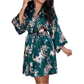WDIRARA Women's Satin Leopard Print Lace Trim Long Sleeve Belted Night Robe