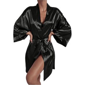 WDIRARA Women's Satin Leopard Print Lace Trim Long Sleeve Belted Night Robe