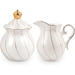 HSYTEK Royal Sugar and Creamer Set for Coffee Bar, Porcelain Sugar and Creamer Set with Lids, Tea Sets Accessories, White