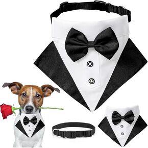 Dog Tuxedo Costume Wedding Dog Bandana Nylon Collar Suit with Gold Bow Tie Adjustable Black Tux Formal Dog Clothes for Small Medium Large Dog Pet Birthday Costumes Christmas Dress Outfits