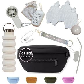 Maxie & Nova Theme Park Essentials Fanny Pack & Handheld USB Fan, Collapsible Water Bottle, Rain Ponchos, Cooling Towel, & Silicone Straw Keychain - Hiking, Concerts, Cruises, Sporting Events (Black) in Kuwait