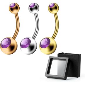 CABBE KALLO 3Pcs 14G Belly Ring Stainless Steel Double Rhinestones Belly Button Rings Curved Barbells Navel Bars Navel Rings Body Piercing Jewelry Gifts Set (Fancy Color)