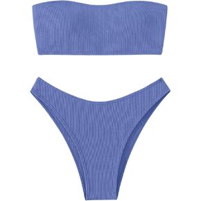 MakeMeChic Women's 2 Piece Bandeau Swimsuits High Cut Ribbed Knit Bikini Set Bathing Suit