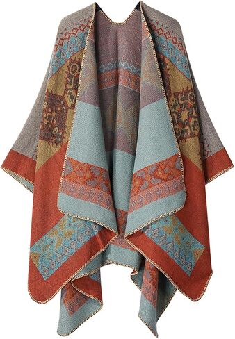 Women's Travel Plaid Shawl Wraps Open Front Poncho Cape Warm Oversized Sweaters Casual Cardigan Shawls for Fall Winter,Series 02-Navy blue in Kuwait