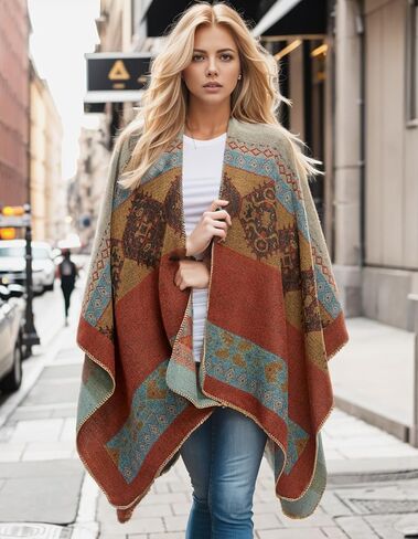 Women's Travel Plaid Shawl Wraps Open Front Poncho Cape Warm Oversized Sweaters Casual Cardigan Shawls for Fall Winter,Series 02-Navy blue in Kuwait