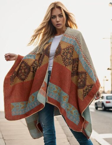 Women's Travel Plaid Shawl Wraps Open Front Poncho Cape Warm Oversized Sweaters Casual Cardigan Shawls for Fall Winter,Series 02-Navy blue in Kuwait