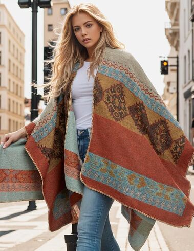 Women's Travel Plaid Shawl Wraps Open Front Poncho Cape Warm Oversized Sweaters Casual Cardigan Shawls for Fall Winter,Series 02-Navy blue in Kuwait