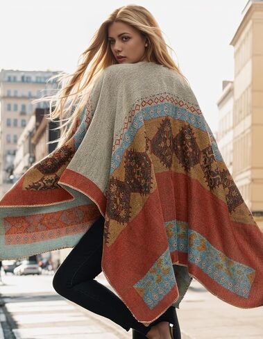 Women's Travel Plaid Shawl Wraps Open Front Poncho Cape Warm Oversized Sweaters Casual Cardigan Shawls for Fall Winter,Series 02-Navy blue in Kuwait
