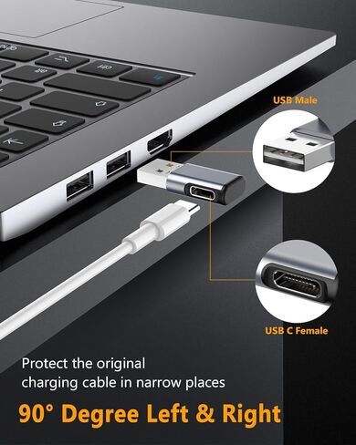 محول LLYZZ USB إلى USB C 3 حزم، محول شاحن USB C أنثى إلى USB ذكر 90 درجة، متوافق مع سلسلة iPhone 15، مع iPad Pro/Air/Mini، Galaxy، الكمبيوتر المحمول، أعلى وأسفل + زاوية يسار ويمين (رمادي) in Kuwait