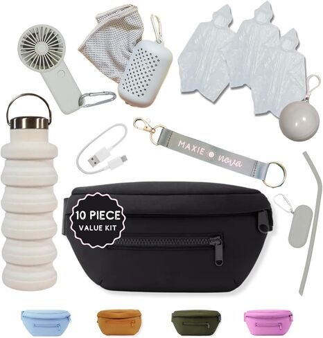 Maxie & Nova Theme Park Essentials Fanny Pack & Handheld USB Fan, Collapsible Water Bottle, Rain Ponchos, Cooling Towel, & Silicone Straw Keychain - Hiking, Concerts, Cruises, Sporting Events (Black) in Kuwait
