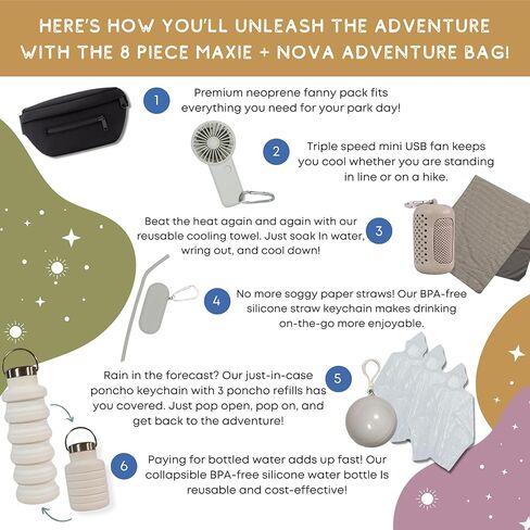 Maxie & Nova Theme Park Essentials Fanny Pack & Handheld USB Fan, Collapsible Water Bottle, Rain Ponchos, Cooling Towel, & Silicone Straw Keychain - Hiking, Concerts, Cruises, Sporting Events (Black) in Kuwait