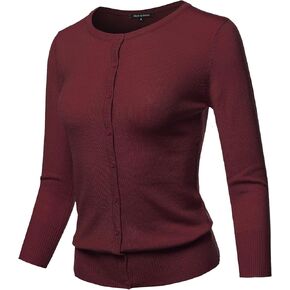 Women's Solid Crew Neck Button Down 3/4 Sleeves Knit Cardigan