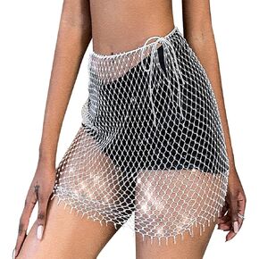 Rhinestone Mesh See Through Mini Skirt Sexy Hollow Out Beach Swimsuit Fishnet Cover Up Festival Rave Outfit for Women Girls