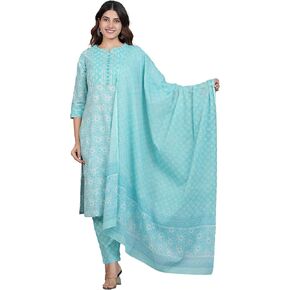 Yash Gallery Women's Cotton Floral Printed Kurti with Pant and Dupatta (Sky Blue, P)
