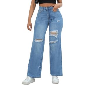 Dxyufazhe Women's Boyfriend Baggy Ripped Denim Pants High Waist Stretchy Straight Wide Leg Jeans