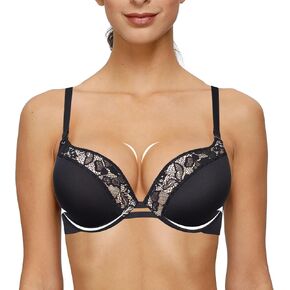 YANDW Women Push up Underwire Super Thick Padded Adjustable Straps Plunge Lace Sexy T Shirt Bra