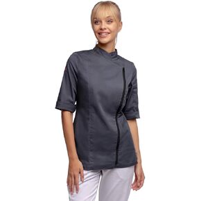 Chef Coat for Women Short Sleeves Stretch Cotton Professional Cooking Uniform Slim fit Black Grey White Pink